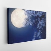 Beautiful cherry blossom (sakura flowers) with Milky Way star in night skies, full moon - Retro style artwork with vintage color tone(Elements of this moon image furnished by NASA)