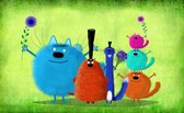 A big company of colorful cats with top hats and flowers standing on the beautiful light green background - Modern Art Canvas - Horizontal - 679734361 - 50*40 Horizontal