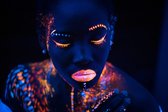 Portrait of young african woman with colorful abstract make-up on face. unusual, interesting, fantastic shoot. body art, neon lights, fluorescence - Modern Art Canvas - Horizontal