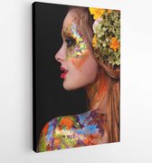 Close up portrait of young beautiful sexy girl with flower professional makeup. bright face art. spring fairy of flowers. orange lush hair - Modern Art Canvas - Vertical - 17394674