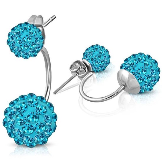 Aramat jewels ® - Shamballa dubbele oorstekers blauw zilverkleurig staal 6mm 10mm