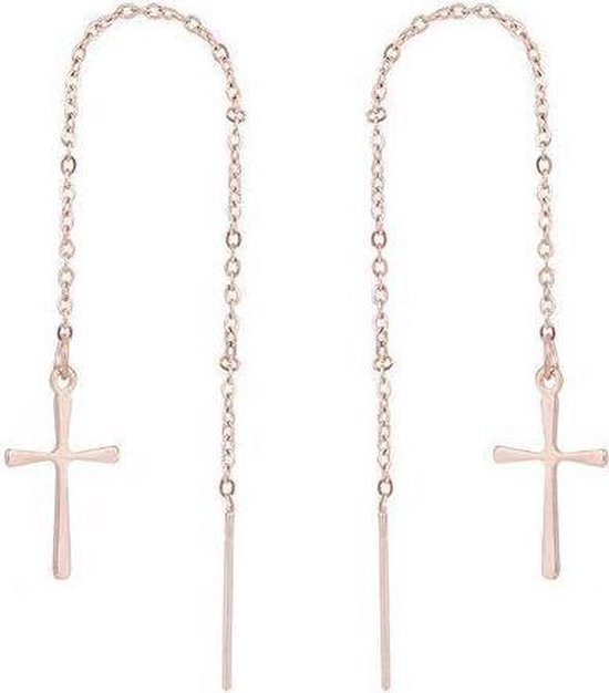 Aramat jewels ® - Stalen doortrekoorbellen rosékleurig kruis dames