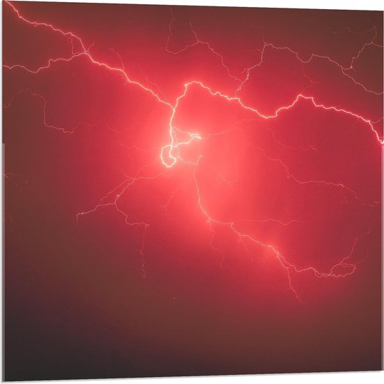 Acrylglas - Rode Bliksemschichten in de Lucht - 80x80cm Foto op Acrylglas (Met Ophangsysteem)