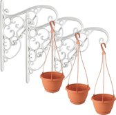 Set van vier witte sierlijke bloempothangers/bloempot haken met hangende bloempotten terracotta 1,2 liter - Tuindecoratie