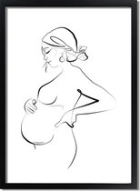 Poster Zwangere vrouw zwart wit - minimalisme A4 + fotolijst zwart (21x29,7cm) - DesignClaud