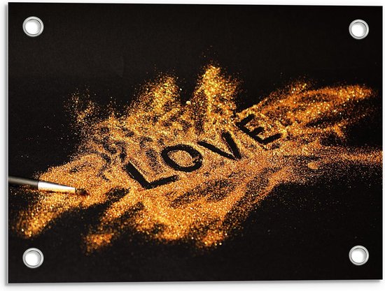 Tuinposter – Gouden Glitters 'Love' Ingeschreven - 40x30cm Foto op Tuinposter  (wanddecoratie voor buiten en binnen)