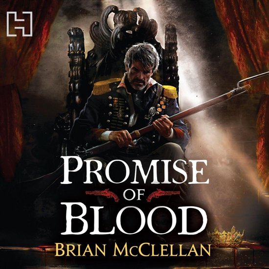 Een man in een militair uniform zit op een troon met een geweer in zijn handen. De titel "PROMISE OF BLOOD" staat onderaan de afbeelding.