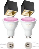 Pragmi Cliron Pro - Opbouw Vierkant - Mat Zwart/Goud - Verdiept - 90mm - Philips Hue - Opbouwspot Set GU10 - White and Color Ambiance - Bluetooth - BSE