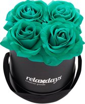 Relaxdays flowerbox - rozenbox - 4 kunstbloemen - decoratie - rozen - cadeau - kunstrozen - turkoois