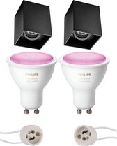 Pragmi Luxina Pro - Opbouw Vierkant - Mat Zwart - Verdiept - Kantelbaar - 90mm - Philips Hue - Opbouwspot Set GU10 - White and Color Ambiance - Bluetooth - BES LED