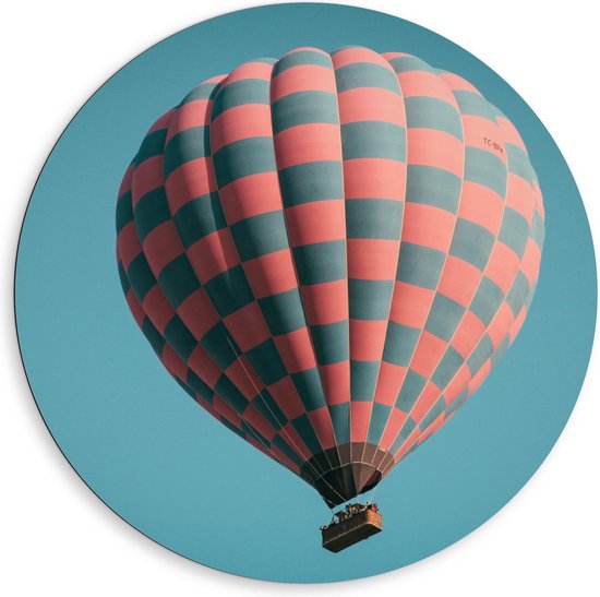 Dibond Wandcirkel - Rood Zwart Geblokte Luchtballon - 80x80cm Foto op Aluminium Wandcirkel (met ophangsysteem)