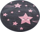 Rond Kinderkamer Tapijt met sterren Grijs-Roze kleuren