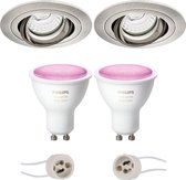 Pragmi Alpin Pro - Inbouw Rond - Mat Nikkel - Kantelbaar - Ø92mm - Philips Hue - LED Spot Set GU10 - White and Color Ambiance - Bluetooth - BSE