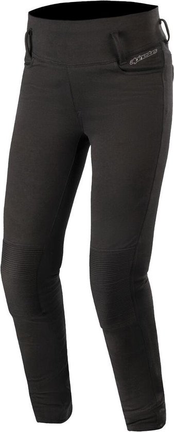Zwarte dameslegging van Alpinestars met kniepatches, een elastische tailleband en logo op de heup.