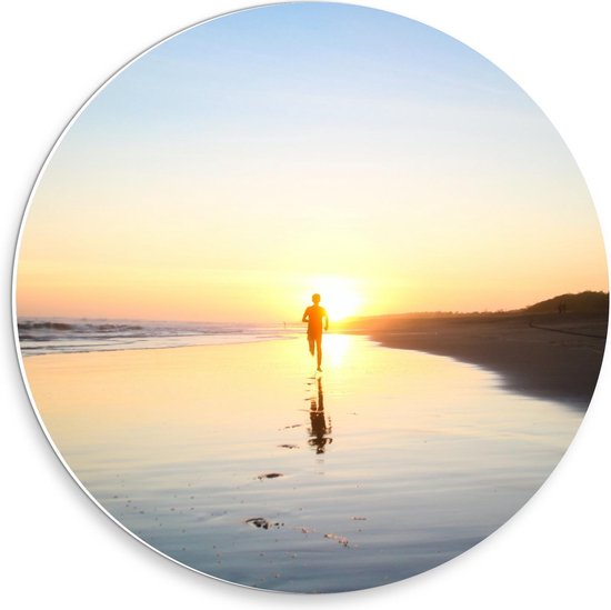 Forex Wandcirkel - Persoon Rennend op Strand - 30x30cm Foto op Wandcirkel (met ophangsysteem)