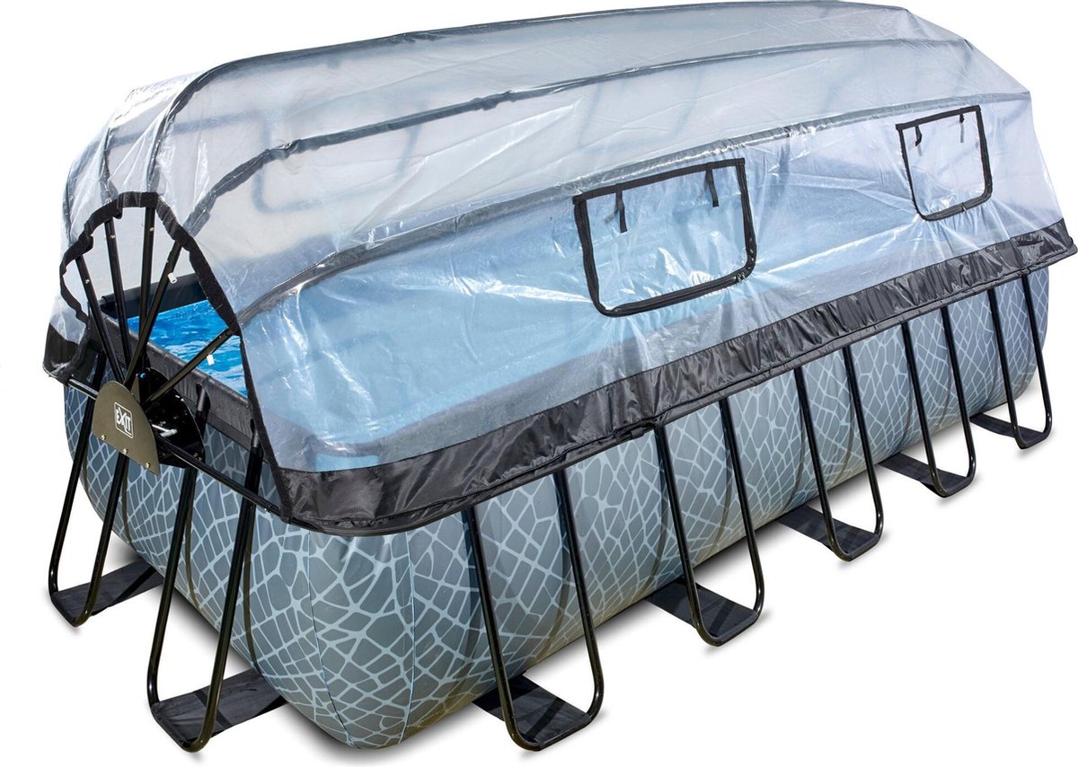 EXIT Stone zwembad 540x250x122cm met zandfilterpomp en overkapping - grijs