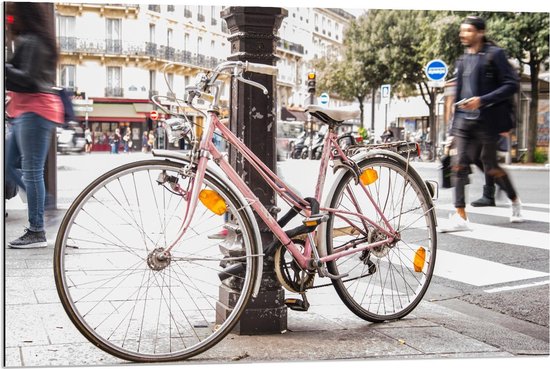 Dibond - Roze Stadsfiets - 90x60cm Foto op Aluminium (Met Ophangsysteem)