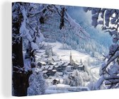 Canvas Schilderij Alpen - Sneeuw - Dorp - 60x40 cm - Wanddecoratie