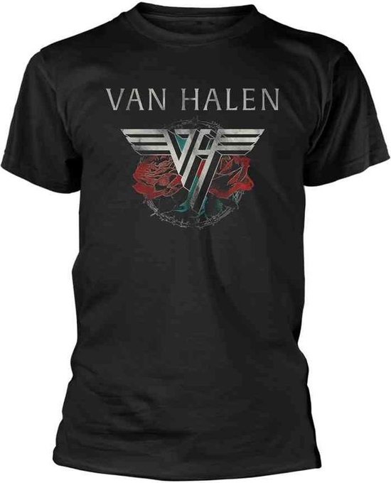 Zwart t-shirt met op de voorkant het Van Halen logo, gevleugeld VH-symbool, twee rode rozen en prikkeldraad.