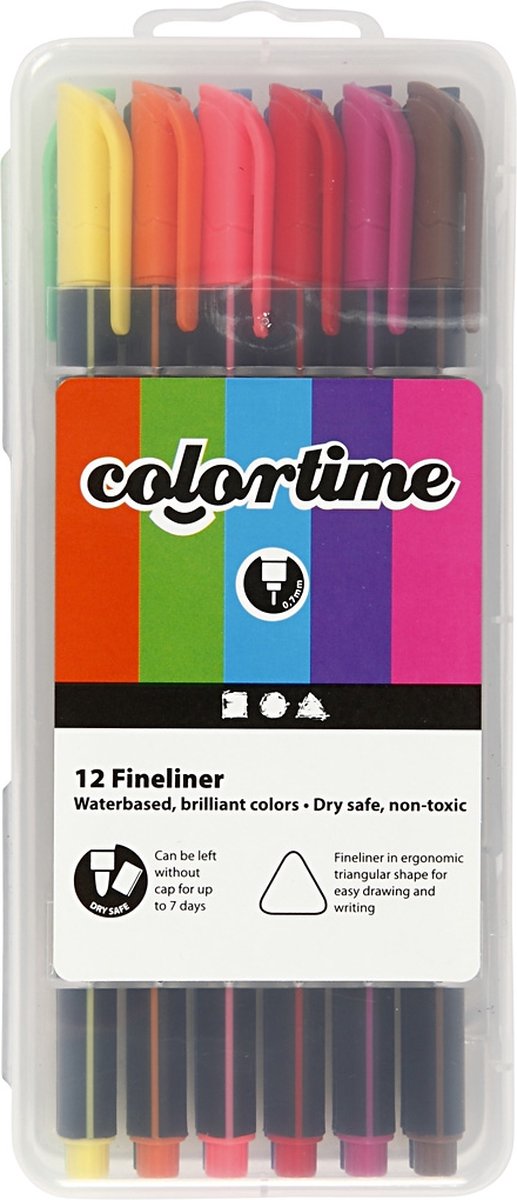 Colortime fineliners, lijndikte 0,6-0,7 mm, diverse kleuren, 12 stuk/ 1 doos