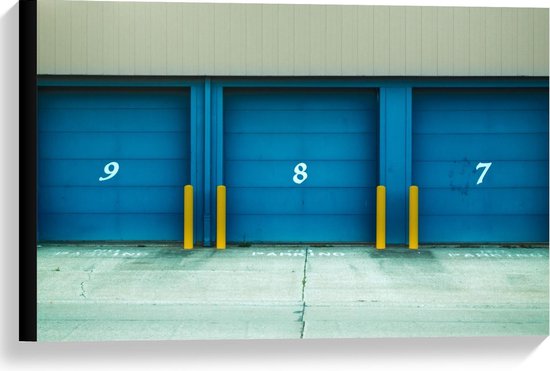 Canvas  - Garage Deuren Blauw met Cijfers - 60x40cm Foto op Canvas Schilderij (Wanddecoratie op Canvas)