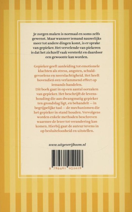 Achterkant van het boek 'Je piekert je suf'. Titel: 'Je piekert je suf'. Subtitel: 'Over piekeren, besluiteloosheid & uitstellen'. Auteur: Henk Hermans. Uitgever: Boom.