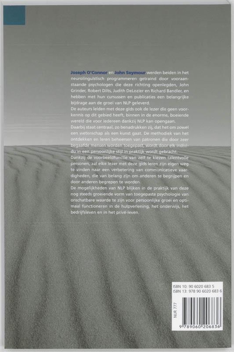 De achterkant van een boek met tekst over neurolinguïstisch programmeren en ISBN-nummers.