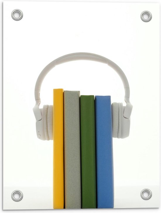 Tuinposter – Witte Koptelefoon op Gekleurde Boeken - 30x40cm Foto op Tuinposter  (wanddecoratie voor buiten en binnen)