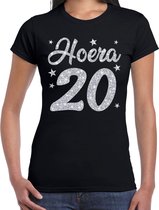 Hoera 20 jaar verjaardag / jubileum cadeau t-shirt - zilver glitter op zwart - dames - cadeau shirt XL