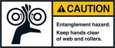 Caution Entanglement hazard sticker, ANSI 45 x 100 mm