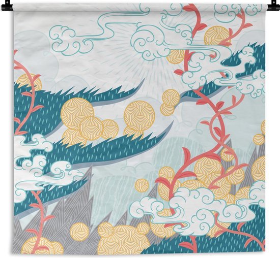Wandkleed Aziatische schilderkunst - Abstract patroon Japans landschap Wandkleed katoen 90x90 cm - Wandtapijt met foto