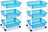 2x stuks opberg trolley/roltafel/organizer met 3 manden 40 x 30 x 61,5 cm wit/lichtblauw