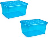 2x Opslagbakken/organizers met deksel 60 liter 63 x 46 x 32 transparant blauw - Organizers/opbergbakken