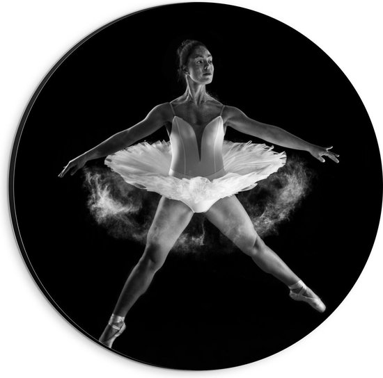 Dibond Wandcirkel - Dansende Ballerina (zwart/wit) - 20x20cm Foto op Aluminium Wandcirkel (met ophangsysteem)