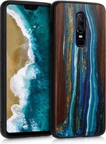 kwmobile telefoonhoesje compatibel met OnePlus 6 - Hoesje met bumper in blauw / bruin - walnoothout - Houten Penseel design