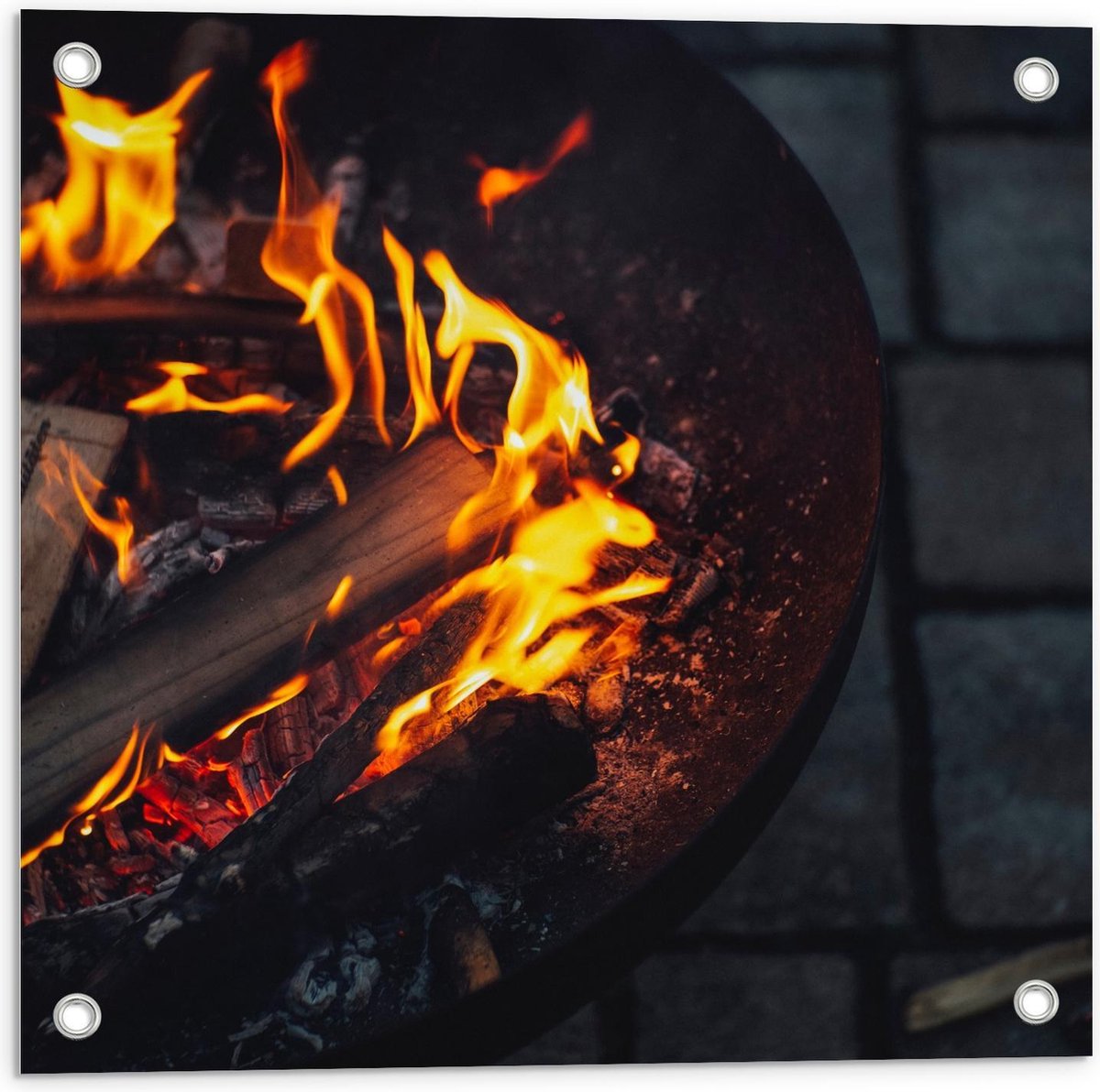 Tuinposter – Brandend Hout in Vuurkorf - 50x50cm Foto op Tuinposter (wanddecoratie voor bu