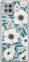 Samsung Galaxy A42 hoesje siliconen - Witte bloemen - Soft Case Telefoonhoesje - Bloemen - Blauw