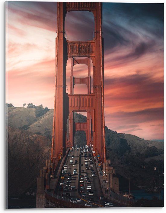 Acrylglas - Golden Gate Bridge met Auto's - California - Amerika - 30x40cm Foto op Acrylglas (Wanddecoratie op Acrylglas)