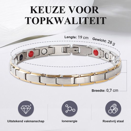 Zilverkleurige en gouden schakelarmband, 19 cm lang en 0,7 cm breed, 28 gram. Met rode, witte en zwarte magneten.