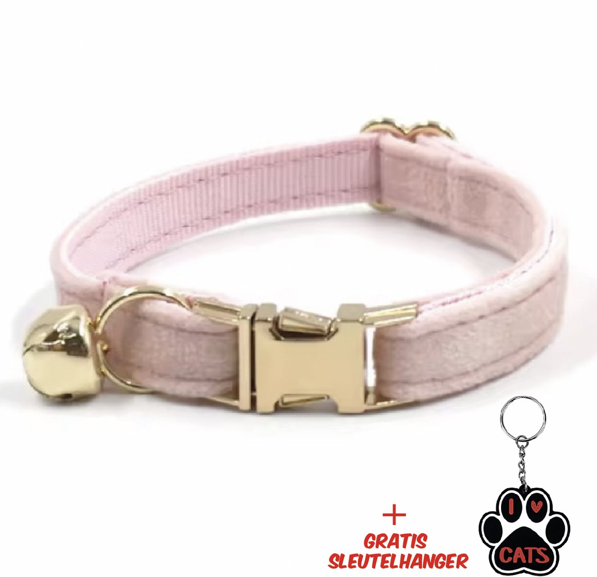 SilverAndCoco® - Licht Roze Katten Halsband met Bel met Gratis Sleutelhanger | Velvet Kat Kitten Bandje met belletje | Kattenhalsband Suède Gouden | Kleding Decoratie | Kattenbandje Huisdier - Goud