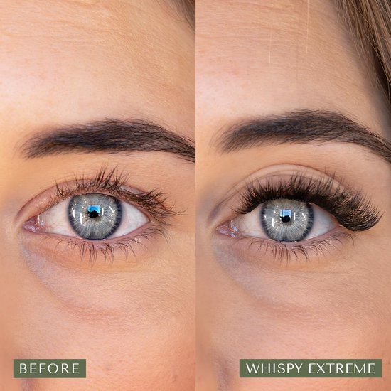 Voor-en-na vergelijking van een vrouwenoog. Links: natuurlijk oog. Rechts: oog met 'Whispy Extreme' nepwimpers.