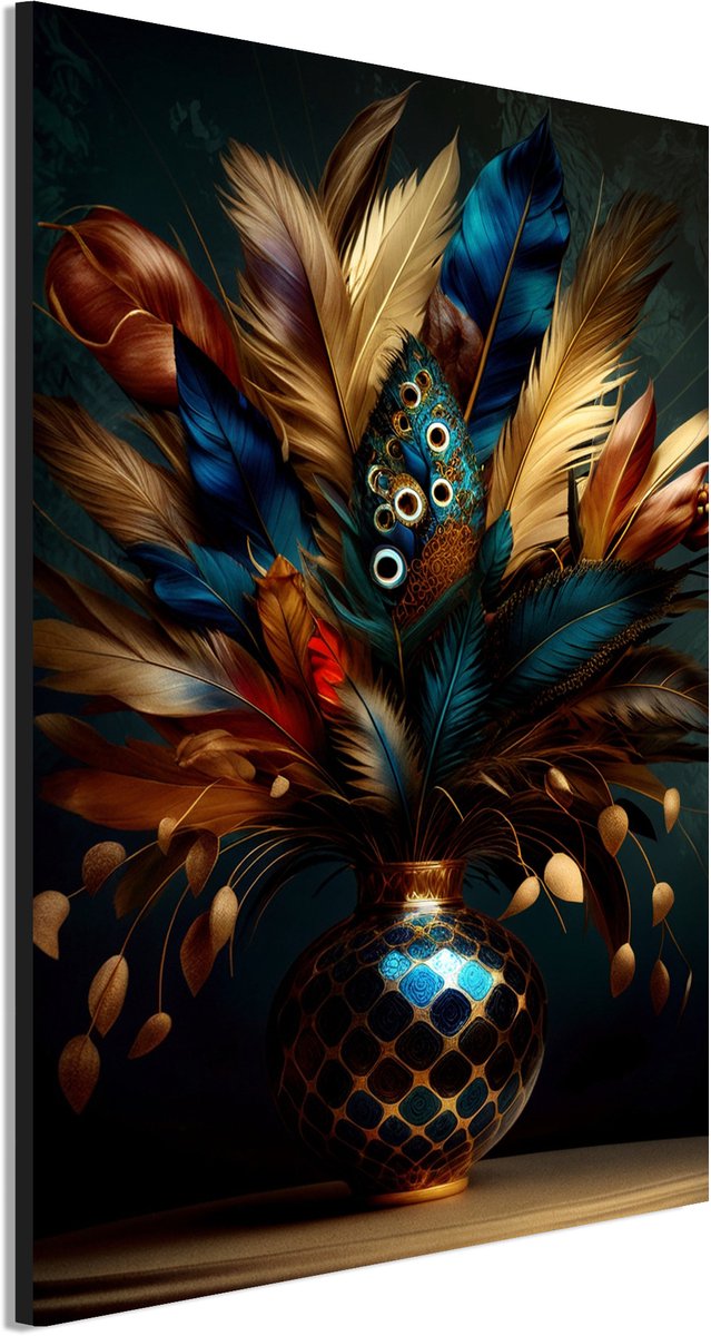Wanddecoratie Metaal - Aluminium Schilderij Gouden veerensymfonie kunstwerk - 90 x 60 cm - Vaas - Muurdecoratie woonkamer en slaapkamer - Inclusief ophangsysteem - Klassiek - Modern - Displate alternatief