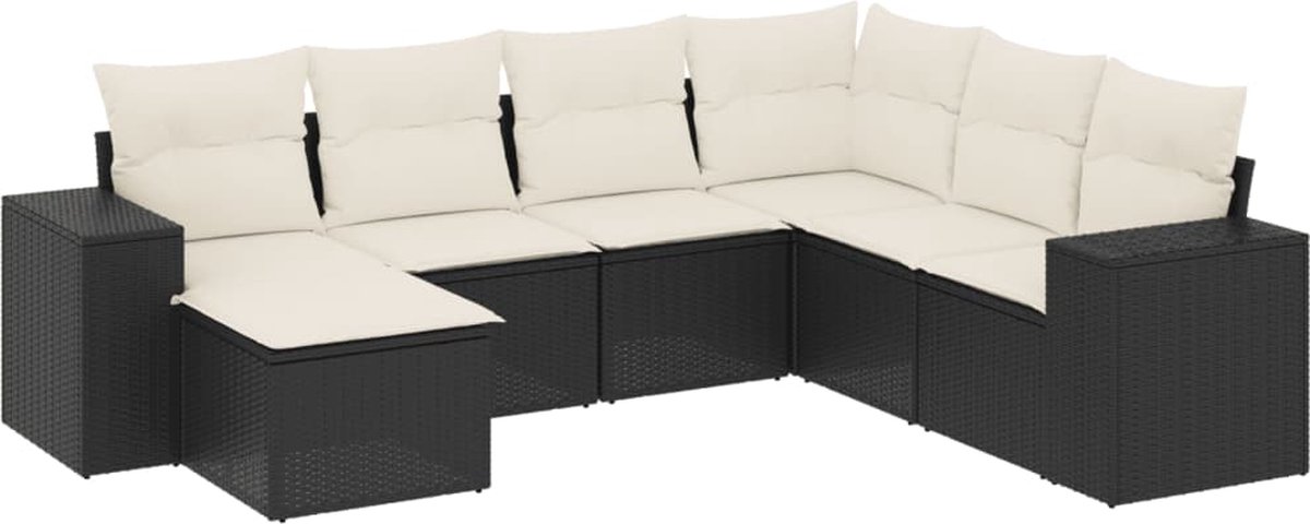 The Living Store 7-delige Loungeset met kussens poly rattan zwart - Loungeset - Tuinmeubels - Lounge Set - Outdoor Furniture - Pe Rattan