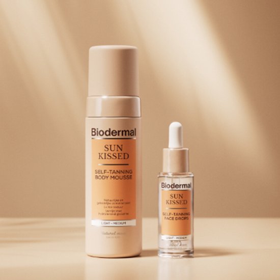 Biodermal Sun Kisses zelfbruinende gezichtsdruppels en body mousse. "Natuurlijke en stralende zomerse teint" met hyaluronzuur.