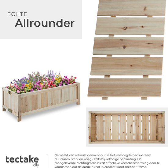 Houten plantenbak met bloemen en detail van het hout.