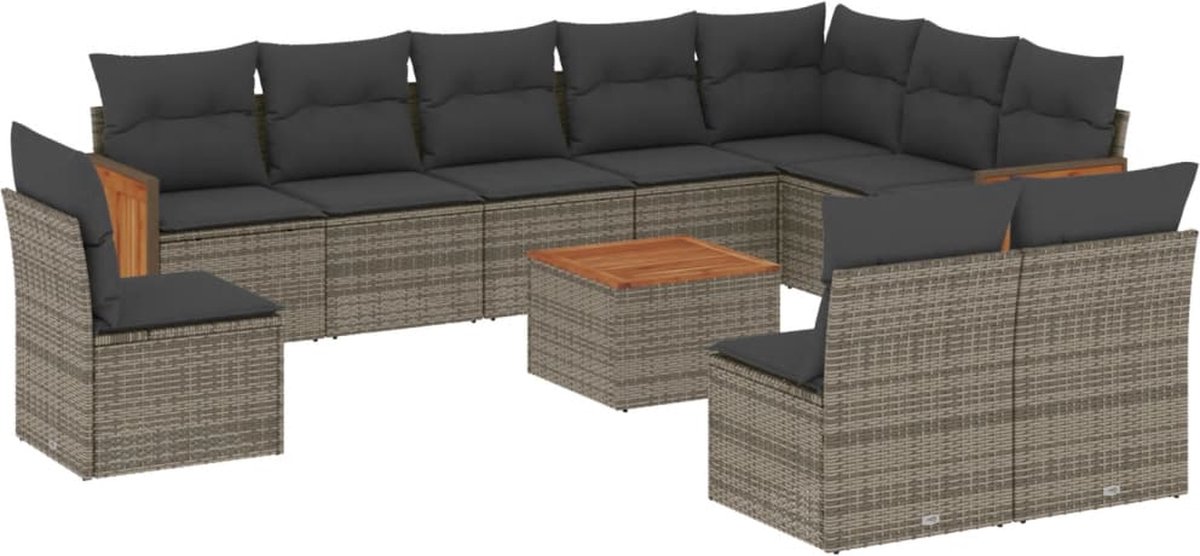 The Living Store 11-delige Loungeset met kussens poly rattan grijs - Loungeset - Lounge Set - Buitendecoratie - Tuinmeubels - Outdoor Furniture