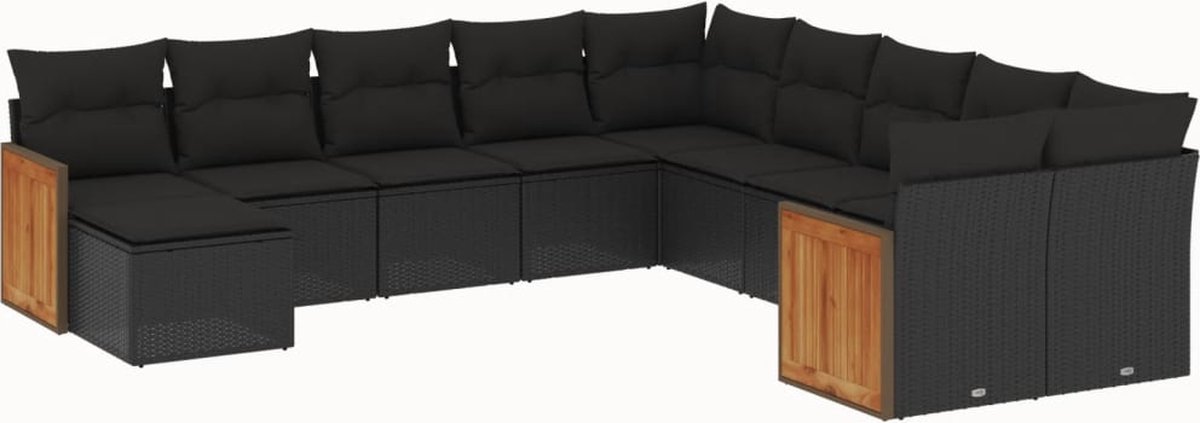 The Living Store 11-delige Loungeset met kussens poly rattan zwart - Loungebank - Lounge Set - Buitendecoratie - Tuinmeubels - PE Rattan