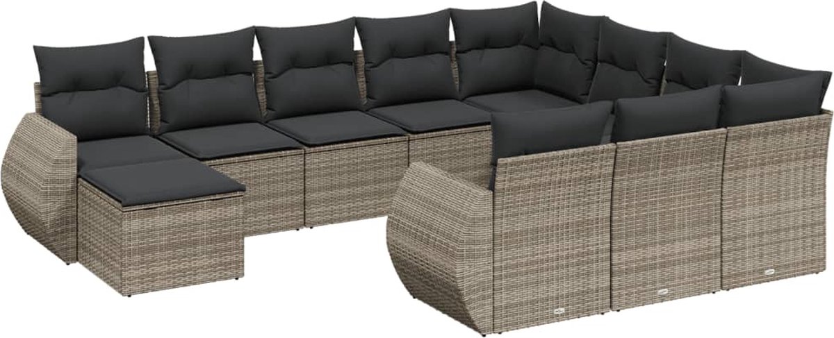 The Living Store 11-delige Loungeset met kussens poly rattan grijs - Loungeset - Loungemeubels - Buitendecoratie - Tuinmeubelen - Ratan Meubel