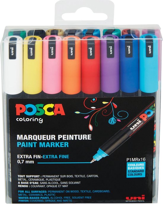 Krijtstift – Fineliner – Universele Marker – Diverse Kleuren – Uni Posca Marker – PC-1MR – 0,7mm – 16 stuks