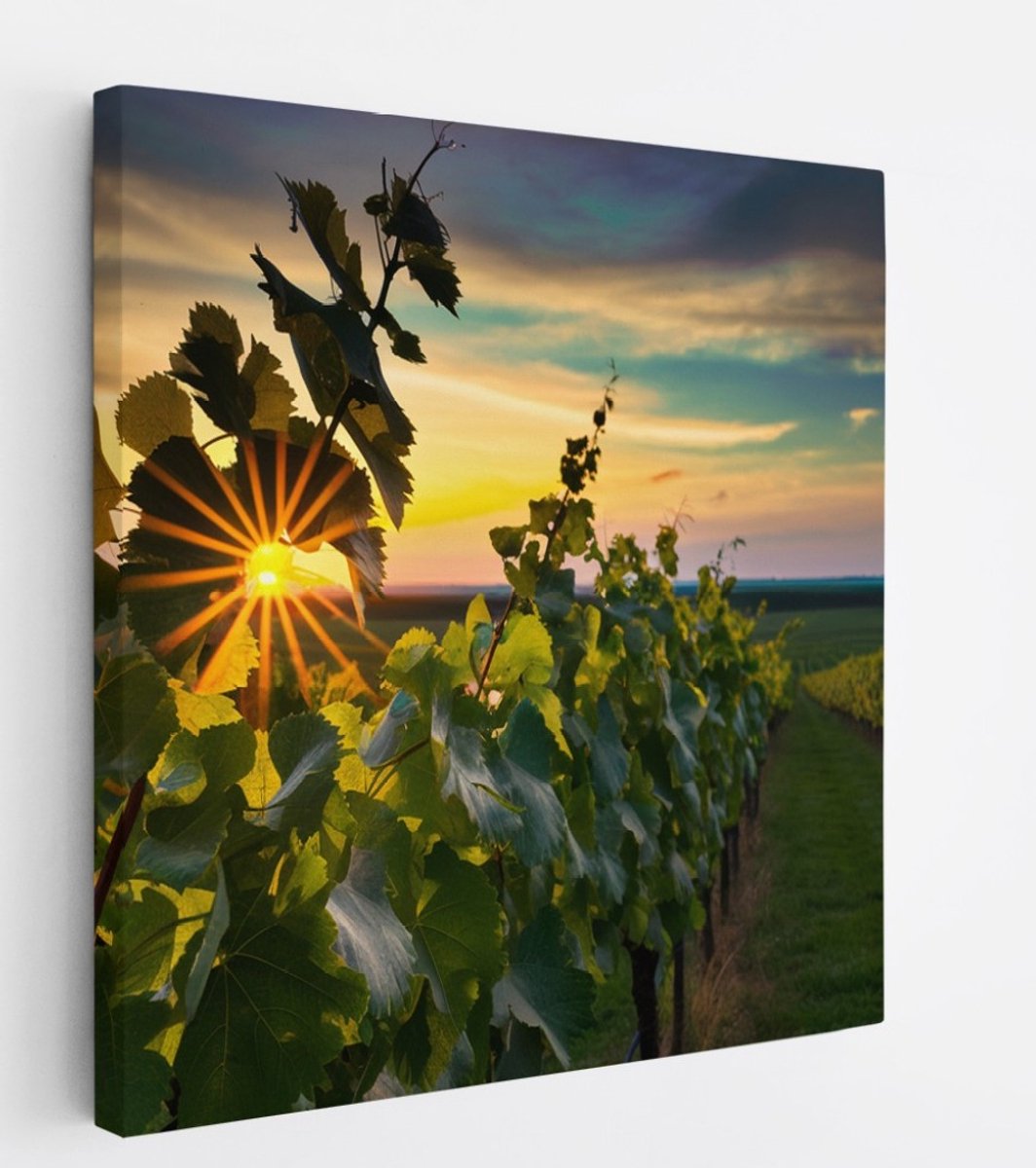 Saammp Canvas Schilderij - Wijngaarde met zonsondergang - Natuur - Landschap - 100x100 - Foto op canvas - Wanddecoratie - Muurdecoratie Woonkamer - Slaapkamer decoratie - Canvas Print Multicolor